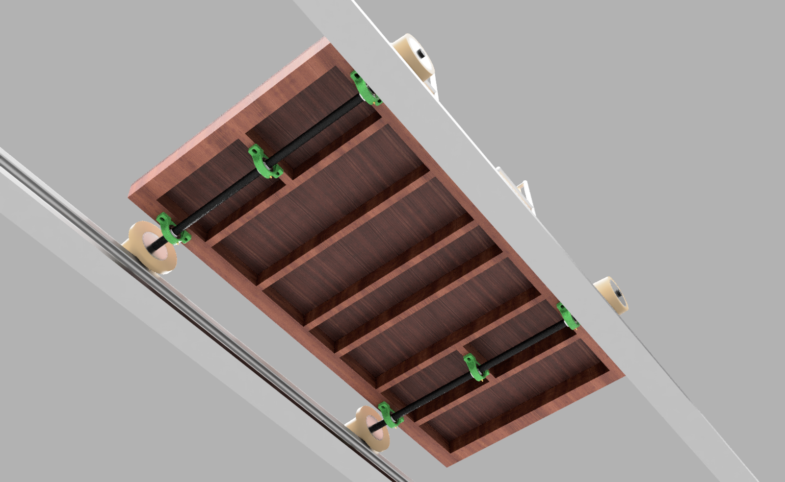 Underside of the railcart showing its axles and bearings